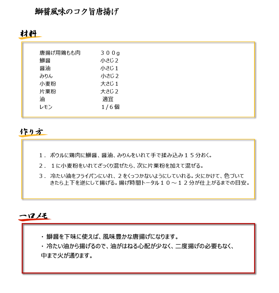 鰤醤風味のコク旨唐揚げレシピ